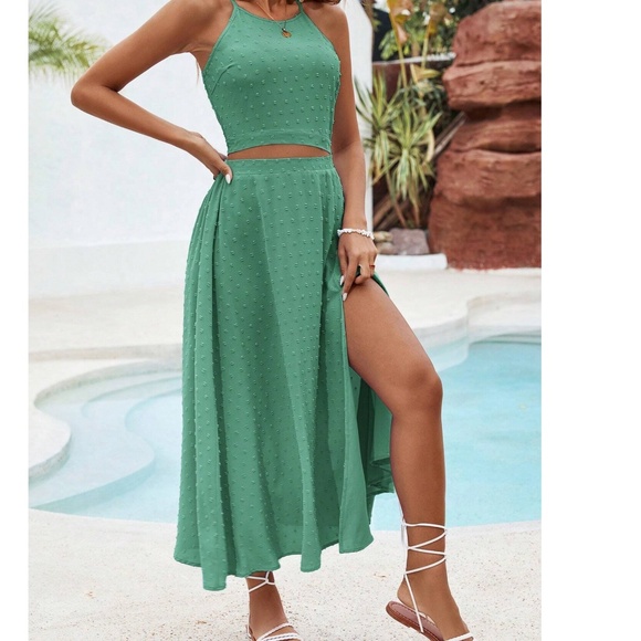 Boho Swiss Dot halter Crop Top High Waisted Maxi Skirt - Picture 5 of 9